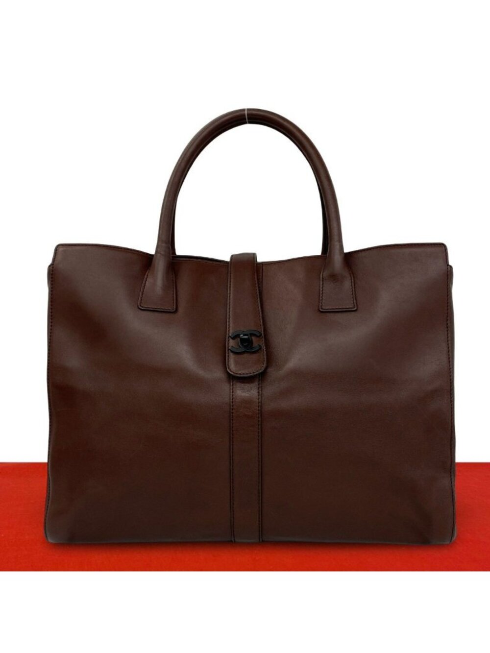 Chanel Vintage CC Logo Leather Tote Bag Business Brown